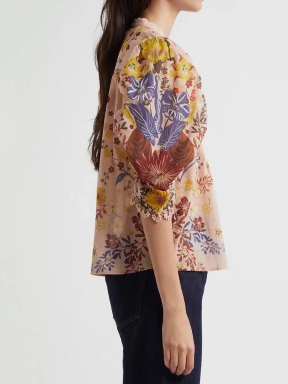 FARM RIO Beauty Bouquet Cotton Puff Sleeve Top Pink Floral Pattern size XS
